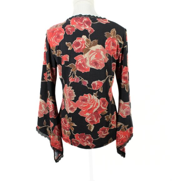 Vintage 1990s Whimsigoth Rose Print Bell Sleeve Blouse – Black Lace, Size L - Picture 4 of 9